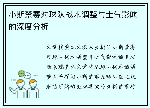 小斯禁赛对球队战术调整与士气影响的深度分析